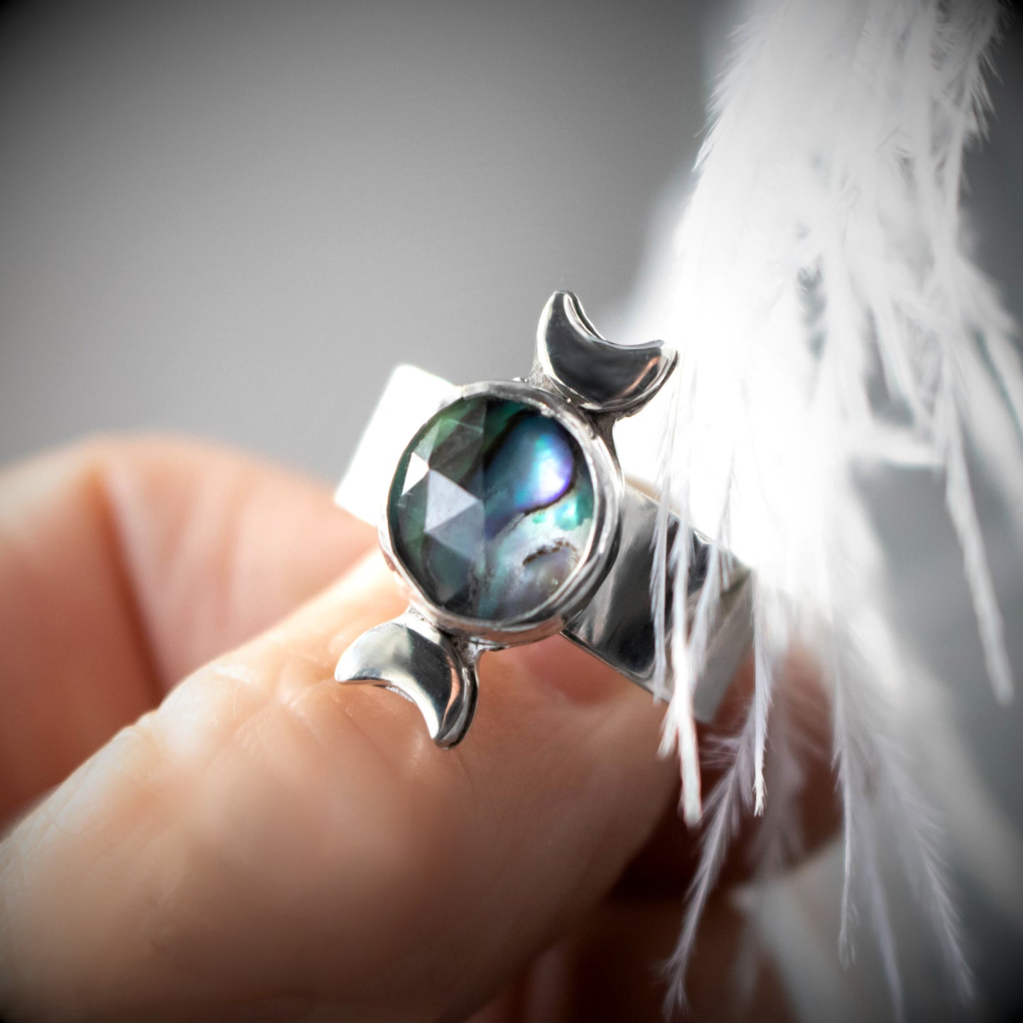 Size 8.5 Faceted Abalone Moon Phase Ring-Womens-LittleGreenRoomJewelry-LittleGreenRoomJewelry